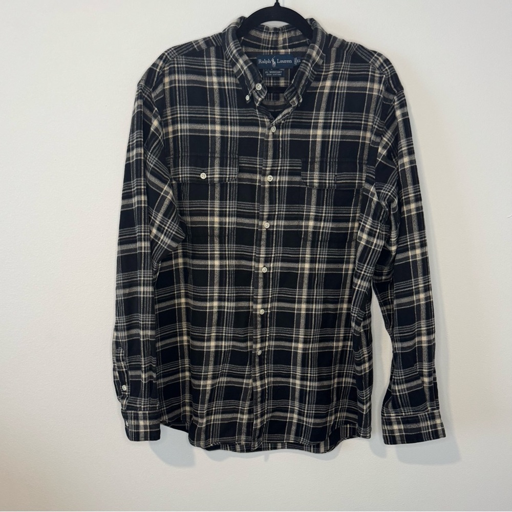 Ralph Lauren Plaid Flannel Button Down Shirt Men’s XL Black Cream